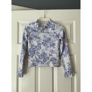 Janie And Jack Girls Rash Guard Swim Shirt Blue And White Floral Ruffle Size 8